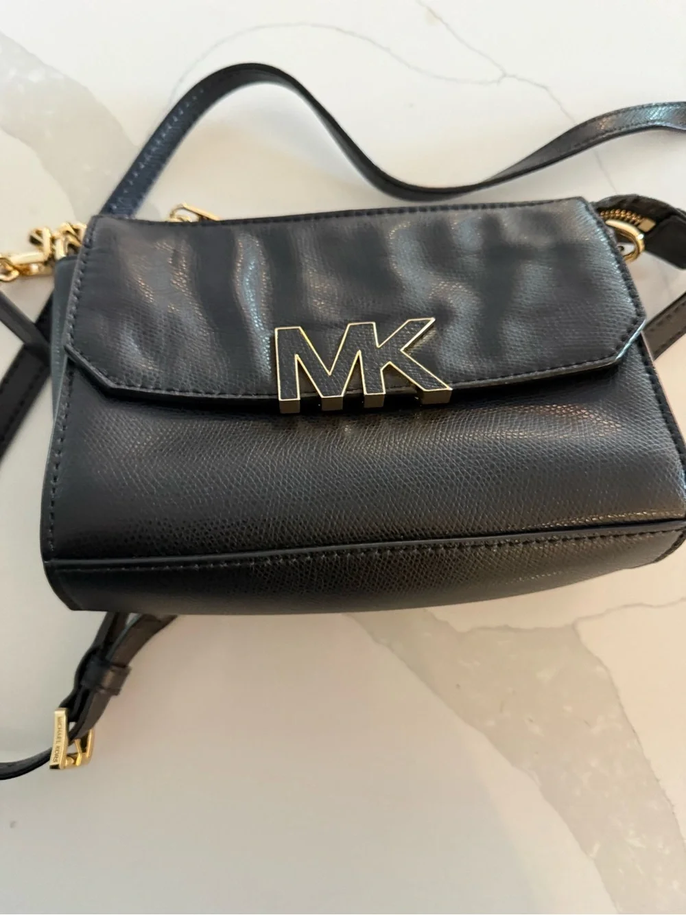 Michael Kors Black Leather Crossbody with Gold MK Accent
